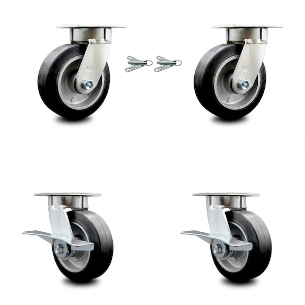 6 Inch Kingpinless Rubber on Aluminum Wheel Caster Swivel Locks 2 Brakes, 2PK